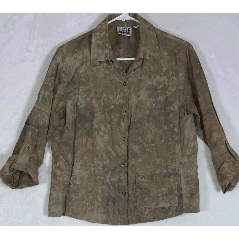 Chico's Design Shirt Women's Size 0 Brown Tie Dye Print 100% Linen Button-Up EUC